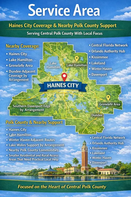 Map showing the Haines City service area for Angel Paws USA